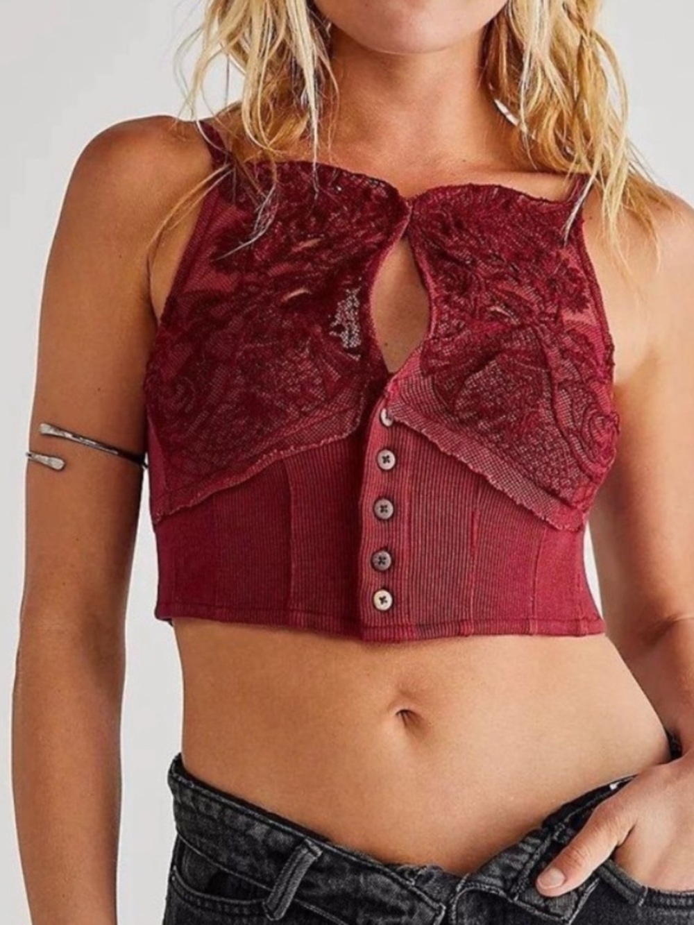 Free People Women's Burgundy Lace-Trim Crop Tank Top